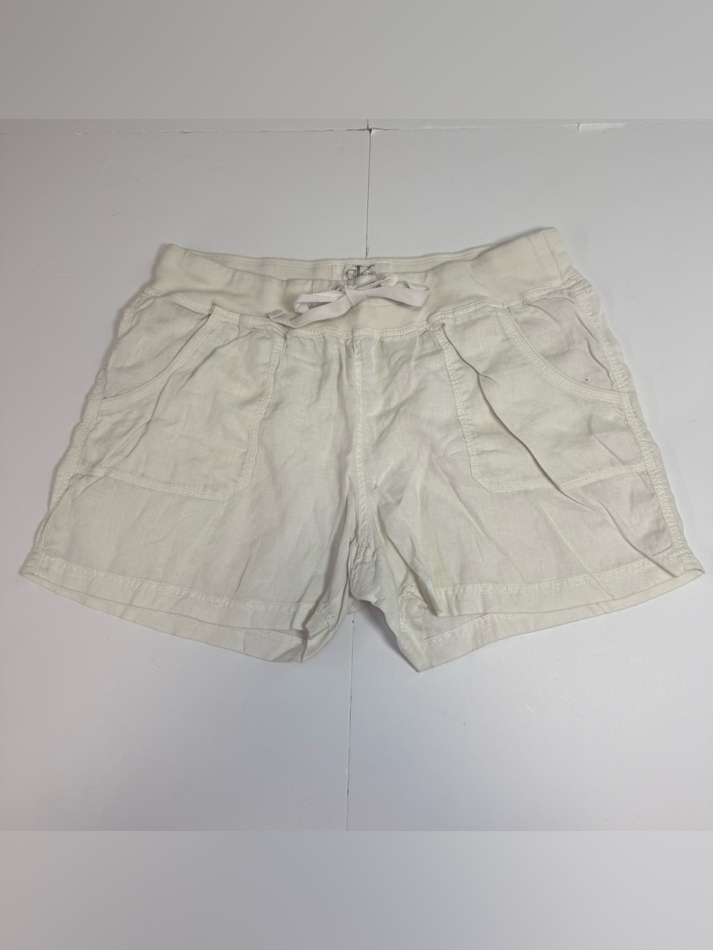 Women's white 100% LINEN Drawstring Pocket Shorts